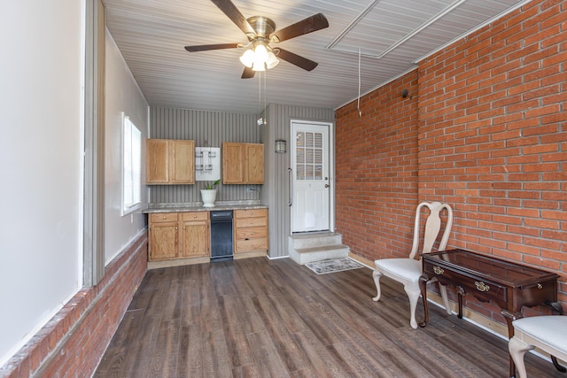 645 Raven Dr, Frankfort, KY 40601 - kitchen with light countertops, brick wall, dark wood-style floors, and ceiling fan