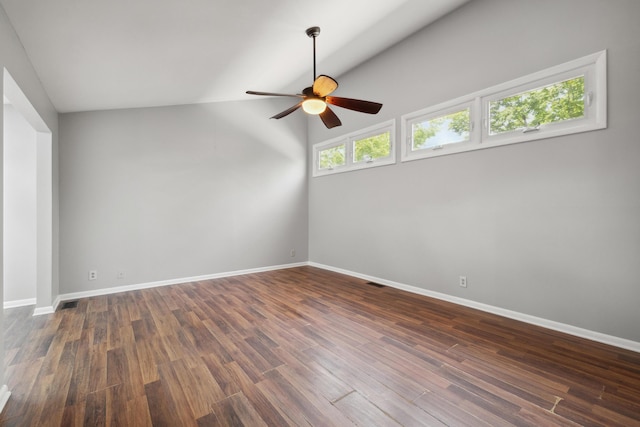750 Shaker Dr Unit 907, Lexington, KY 40504 - empty room with a ceiling fan, baseboards, dark wood-style flooring, and lofted ceiling