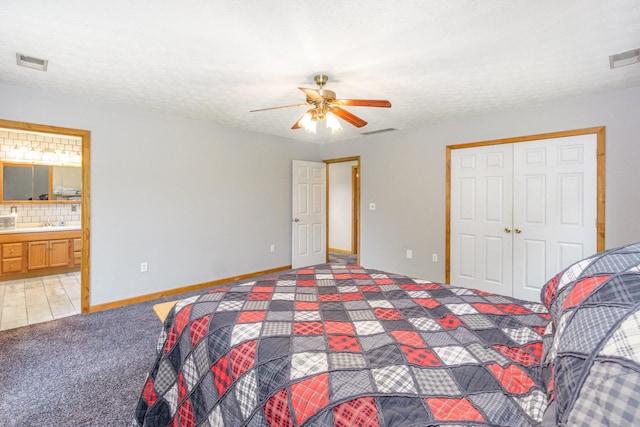 2200 Kays Branch Rd, Owenton, KY 40359 - bedroom with light colored carpet, a closet, ceiling fan, and ensuite bath