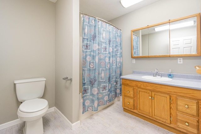 2200 Kays Branch Rd, Owenton, KY 40359 - full bathroom featuring vanity, toilet, a shower with curtain, wood finished floors, and baseboards