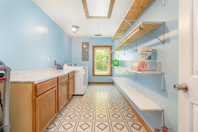 2200 Kays Branch Rd, Owenton, KY 40359 - laundry area with electric panel, cabinet space, independent washer and dryer, and baseboards