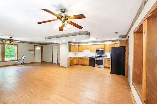 2200 Kays Branch Rd, Owenton, KY 40359 - kitchen with appliances with stainless steel finishes, a ceiling fan, light countertops, recessed lighting, and light wood finished floors