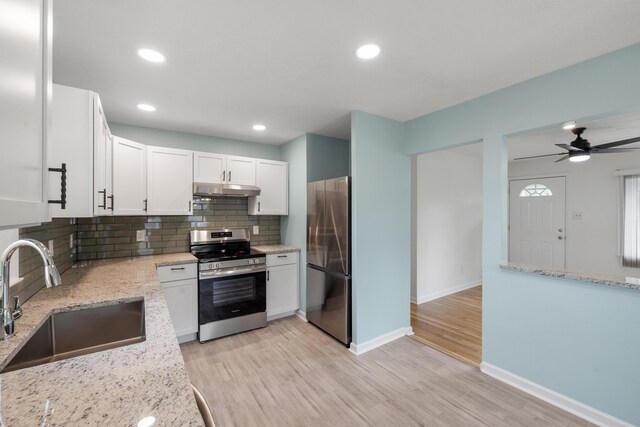 289 Mulberry Ct, Lexington, KY 40509 - kitchen with appliances with stainless steel finishes, a sink, under cabinet range hood, white cabinets, and backsplash