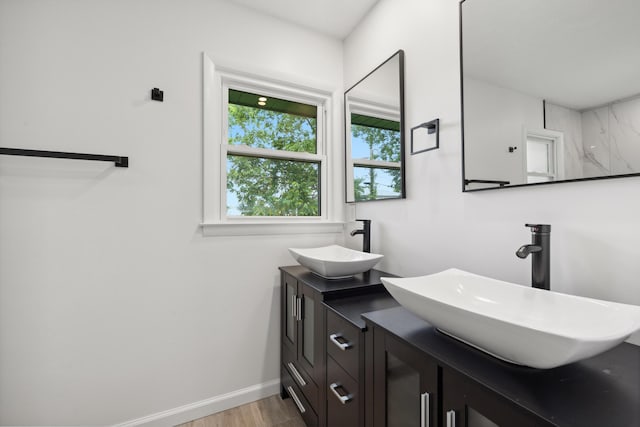 289 Mulberry Ct, Lexington, KY 40509 - bathroom featuring double vanity, wood finished floors, and baseboards