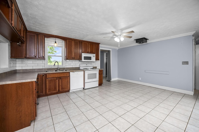 2465 Talmage-Mayo Rd, Harrodsburg, KY 40330 - kitchen with white appliances, a sink, ceiling fan, backsplash, and baseboards