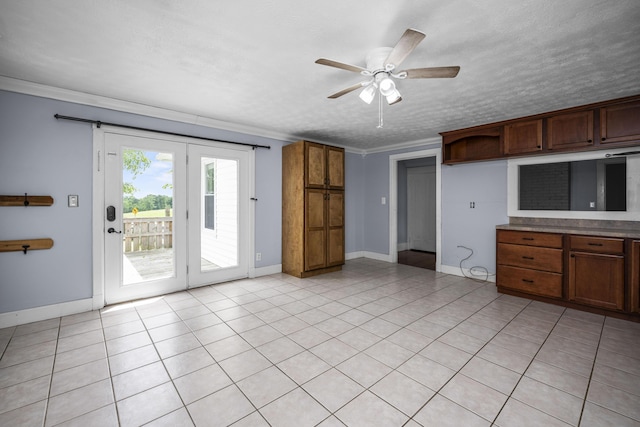 2465 Talmage-Mayo Rd, Harrodsburg, KY 40330 - unfurnished living room featuring ceiling fan, ornamental molding, baseboards, and light tile patterned floors