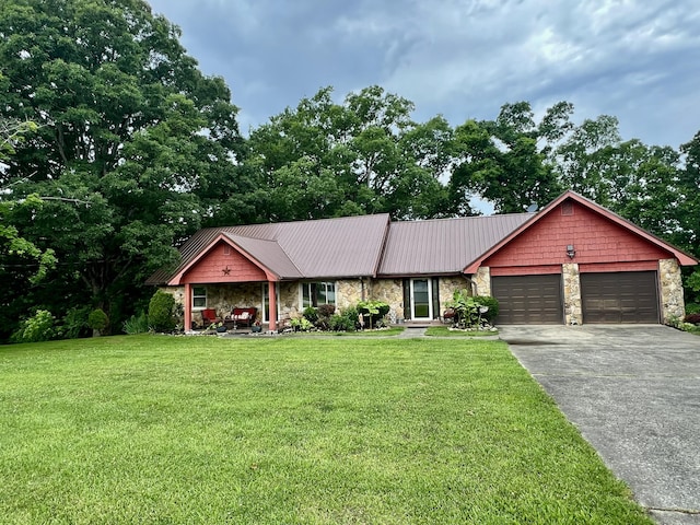 2369 Big Cave Rd, Mount Vernon, KY 40456 - ranch-style home with stone siding, an attached garage, a front lawn, and concrete driveway