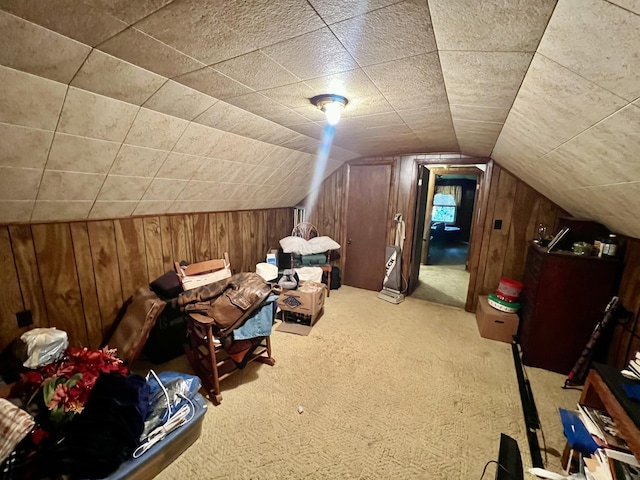 2369 Big Cave Rd, Mount Vernon, KY 40456 - additional living space featuring wooden walls, carpet flooring, and vaulted ceiling