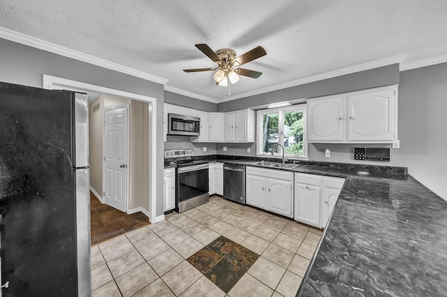 399 Stonecrest Rd, Winchester, KY 40391 - kitchen with stainless steel appliances, a sink, ceiling fan, white cabinetry, and ornamental molding