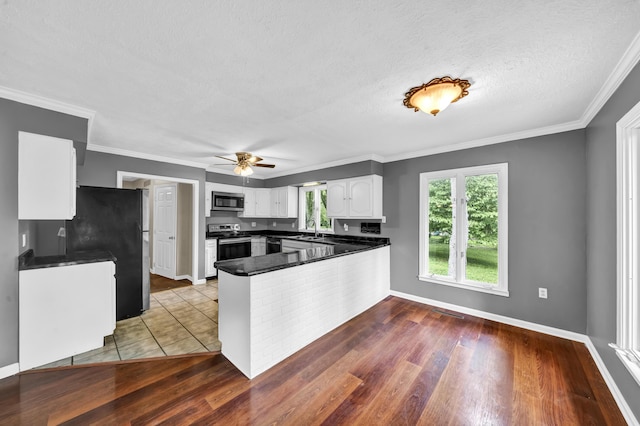 399 Stonecrest Rd, Winchester, KY 40391 - kitchen featuring stainless steel appliances, a peninsula, a sink, white cabinets, and a ceiling fan