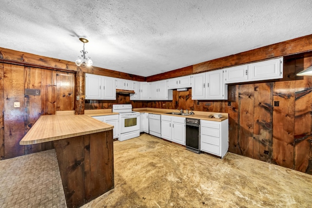 399 Stonecrest Rd, Winchester, KY 40391 - kitchen featuring white electric stove, a sink, under cabinet range hood, a textured ceiling, and butcher block counters