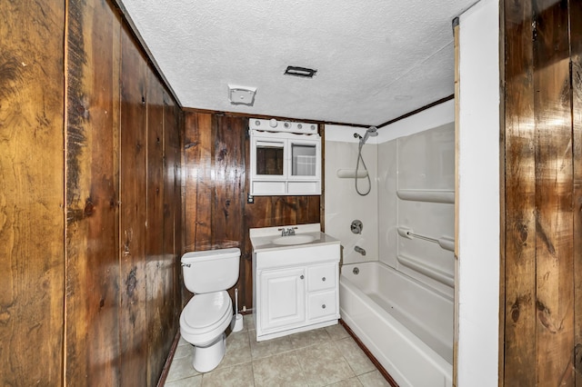 399 Stonecrest Rd, Winchester, KY 40391 - bathroom featuring a textured ceiling, shower / tub combination, toilet, vanity, and wood walls
