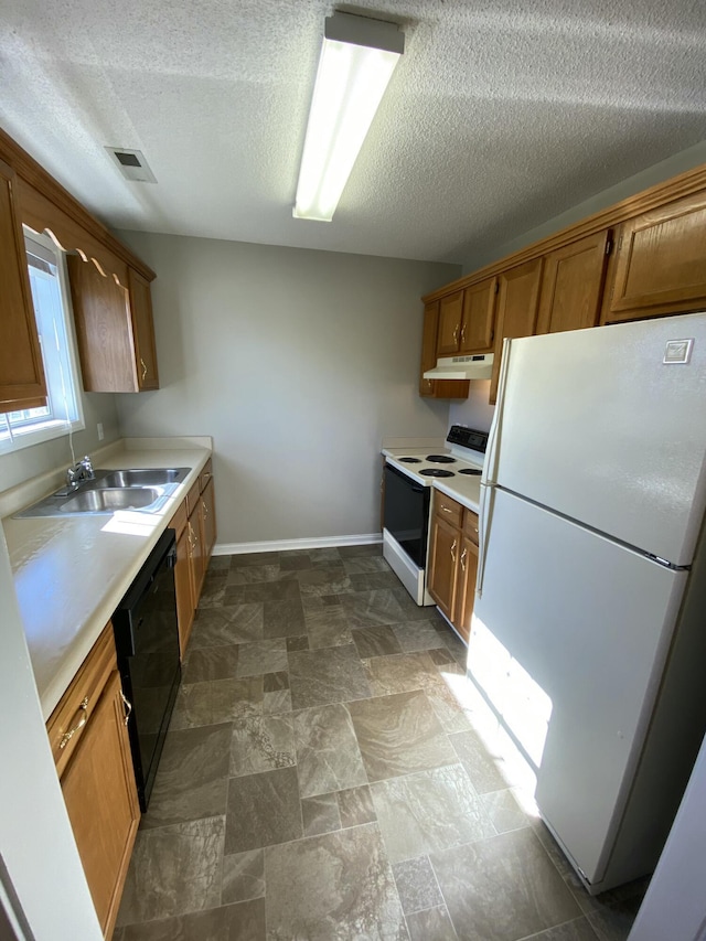 4019 Jodis Way, Somerset, KY 42503 - kitchen with white appliances, under cabinet range hood, baseboards, a sink, and light countertops