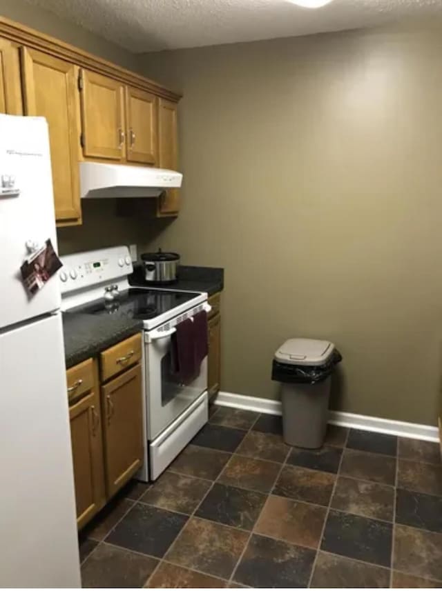 4019 Jodis Way, Somerset, KY 42503 - kitchen with white appliances, under cabinet range hood, dark countertops, dark stone finish flooring, and a textured ceiling