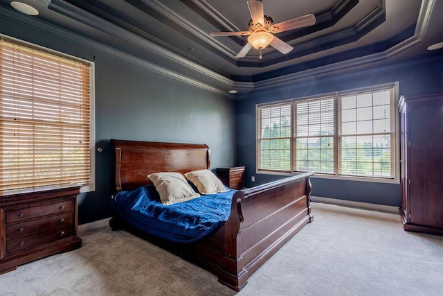 2433 San Milano Pl, Lexington, KY 40509 - carpeted bedroom featuring a tray ceiling, crown molding, baseboards, and ceiling fan
