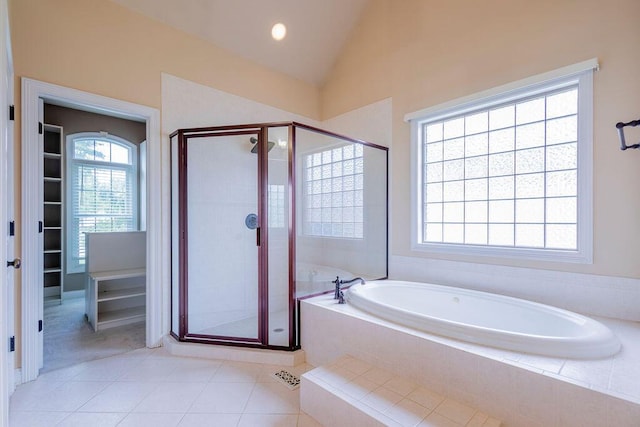 2433 San Milano Pl, Lexington, KY 40509 - full bath featuring a garden tub, a shower stall, tile patterned floors, vaulted ceiling, and recessed lighting