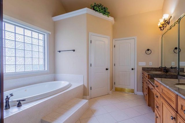 2433 San Milano Pl, Lexington, KY 40509 - full bathroom featuring a garden tub, vanity, tile patterned flooring, and lofted ceiling