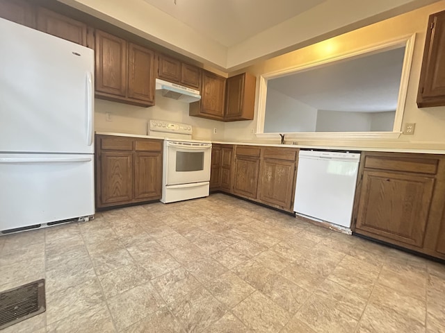 3154 High Ridge Dr, Lexington, KY 40517 - kitchen featuring white appliances, under cabinet range hood, light countertops, and brown cabinets