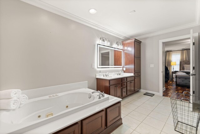 398 Arden Dr, London, KY 40741 - full bathroom featuring vanity, a tub with jets, tile patterned floors, crown molding, and baseboards