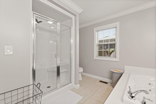 398 Arden Dr, London, KY 40741 - bathroom with a stall shower, toilet, a tub with jets, ornamental molding, and tile patterned flooring