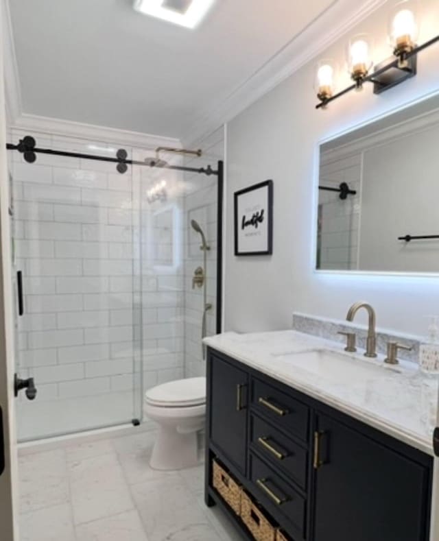 398 Arden Dr, London, KY 40741 - full bath with ornamental molding, vanity, toilet, a stall shower, and marble look tiles