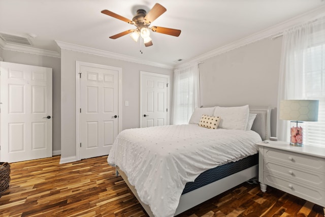 398 Arden Dr, London, KY 40741 - bedroom with ornamental molding, dark wood-type flooring, attic access, ceiling fan, and baseboards