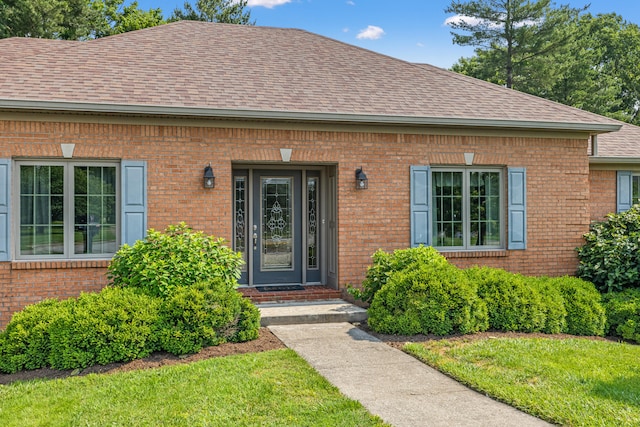 105 Wellington Cv, Danville, KY 40422 - doorway to property with a shingled roof, brick siding, and a lawn