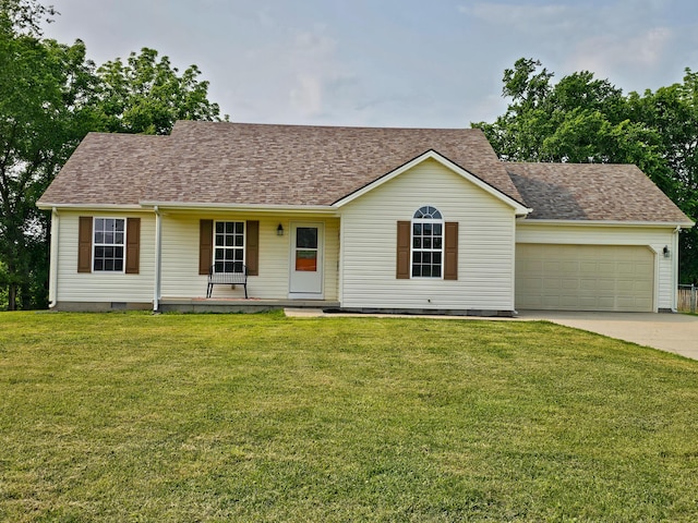 186 Amber Ln, Hustonville, KY 40437 - single story home with crawl space, a garage, concrete driveway, a front lawn, and roof with shingles