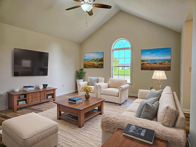 186 Amber Ln, Hustonville, KY 40437 - living area with ceiling fan, light wood-type flooring, baseboards, and lofted ceiling