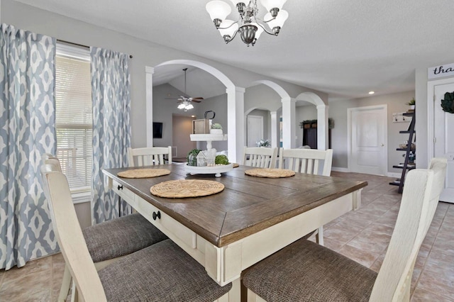 468 Whisper Woods Dr, Somerset, KY 42503 - dining room featuring arched walkways, a chandelier, ceiling fan, light tile patterned flooring, and ornate columns