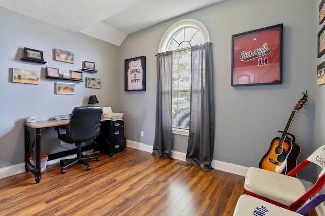 468 Whisper Woods Dr, Somerset, KY 42503 - office area featuring wood finished floors, vaulted ceiling, and a textured ceiling