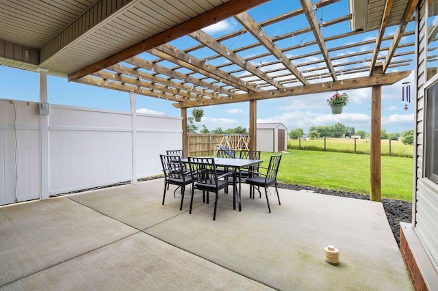 468 Whisper Woods Dr, Somerset, KY 42503 - fenced backyard featuring outdoor dining area, a storage unit, a patio, and a pergola