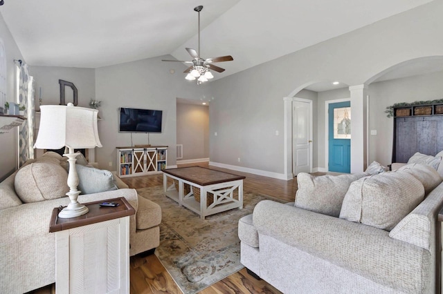 468 Whisper Woods Dr, Somerset, KY 42503 - living room featuring arched walkways, decorative columns, lofted ceiling, ceiling fan, and wood finished floors