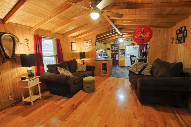 2858 Ford Hampton Rd, Winchester, KY 40391 - living area featuring wood walls, light wood-style floors, a ceiling fan, and wood ceiling
