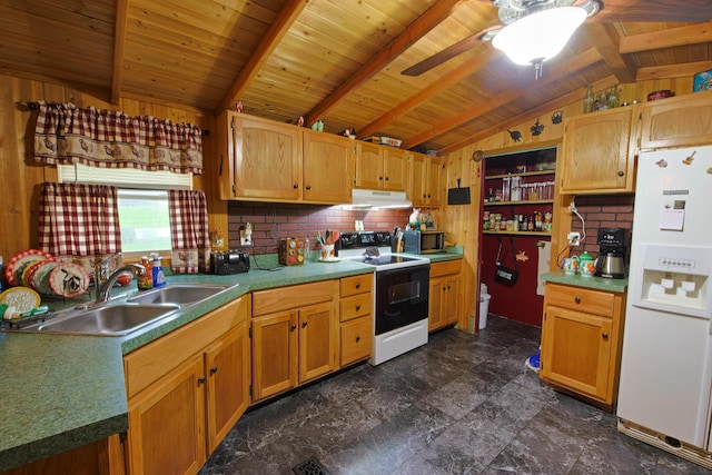 2858 Ford Hampton Rd, Winchester, KY 40391 - kitchen with white fridge with ice dispenser, range with electric cooktop, stainless steel microwave, under cabinet range hood, and a sink