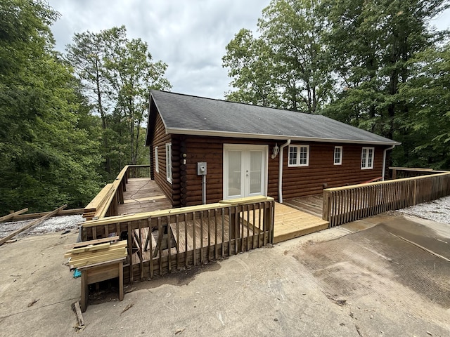 1090 Laurel Cove Rd, London, KY 40744 - rear view of house with a wooden deck, french doors, log exterior, and a shingled roof