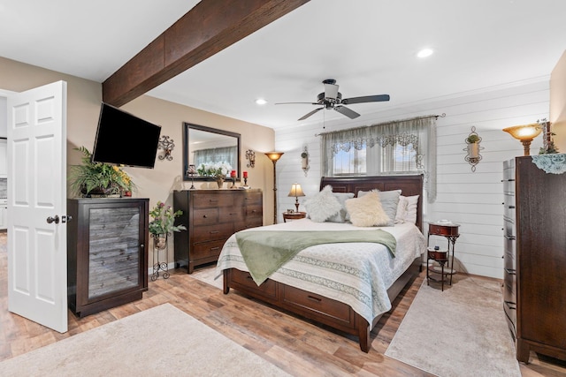 795 Allendale Dr, Lexington, KY 40503 - bedroom with wood finished floors, wood walls, recessed lighting, beamed ceiling, and ceiling fan