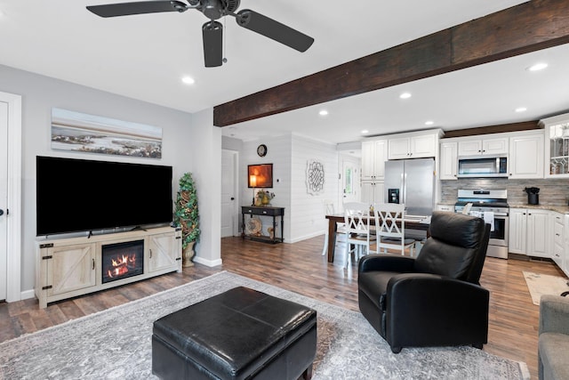 795 Allendale Dr, Lexington, KY 40503 - living room featuring ceiling fan, baseboards, wood finished floors, recessed lighting, and beamed ceiling