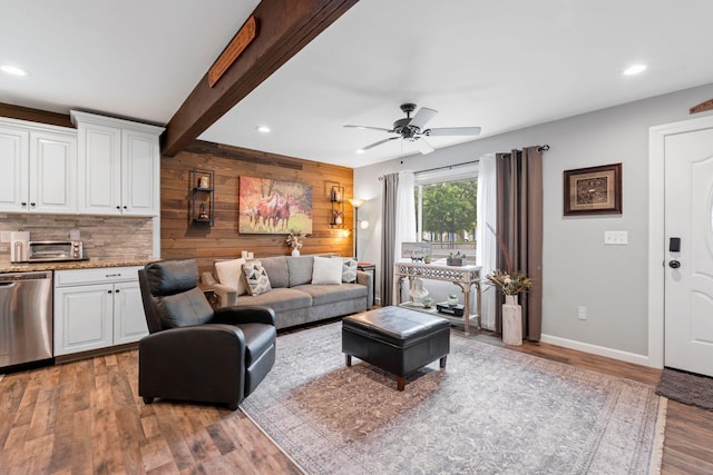 795 Allendale Dr, Lexington, KY 40503 - living area with recessed lighting, a ceiling fan, wood finished floors, wooden walls, and baseboards