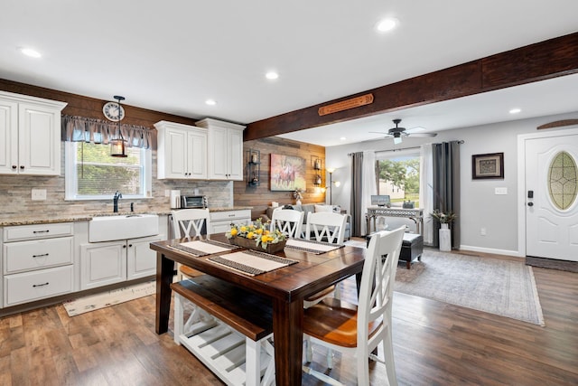 795 Allendale Dr, Lexington, KY 40503 - dining room with wood finished floors, recessed lighting, a ceiling fan, beam ceiling, and baseboards