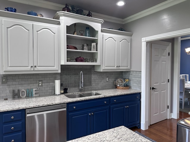 1404 Clubhouse Ln, Mt Sterling, KY 40353 - kitchen with dishwasher, a sink, blue cabinets, white cabinets, and crown molding