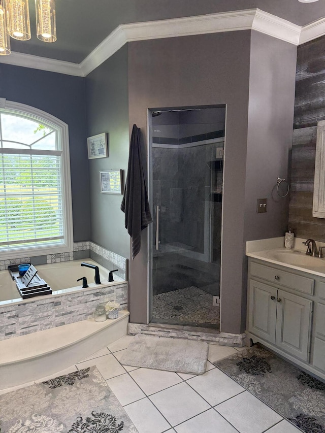 1404 Clubhouse Ln, Mt Sterling, KY 40353 - full bathroom featuring vanity, a garden tub, a shower stall, ornamental molding, and tile patterned floors