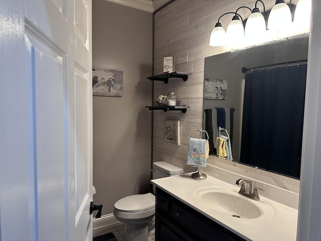 1404 Clubhouse Ln, Mt Sterling, KY 40353 - full bath featuring wood walls, toilet, vanity, ornamental molding, and tile patterned floors