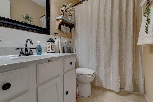 220 Mcdowell Dr, Winchester, KY 40391 - bathroom with vanity, tile patterned floors, decorative backsplash, and a shower with shower curtain