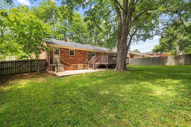 1128 Kiowa Trl, Frankfort, KY 40601 - back of house featuring a fenced backyard, brick siding, a patio area, a chimney, and a deck