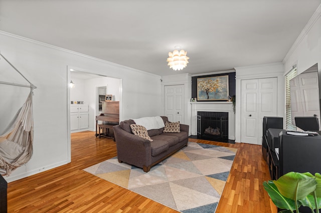 1128 Kiowa Trl, Frankfort, KY 40601 - living room with crown molding, wood finished floors, and a fireplace with flush hearth