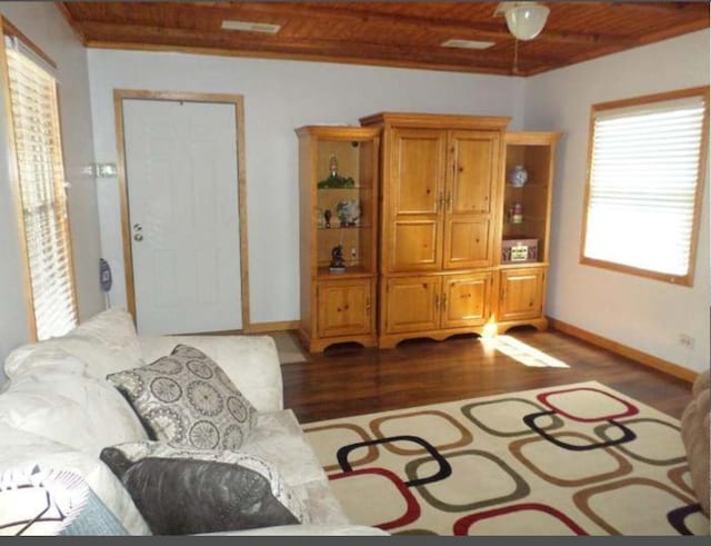 130 Morgan View Rd, Wellington, KY 40387 - living room with wooden ceiling, wood finished floors, and baseboards