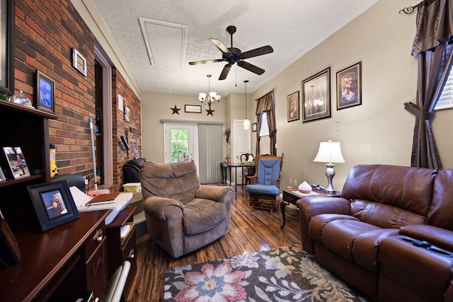 600 Tug Branch Rd, Clay City, KY 40312 - living area with attic access, a textured ceiling, a ceiling fan, and wood finished floors