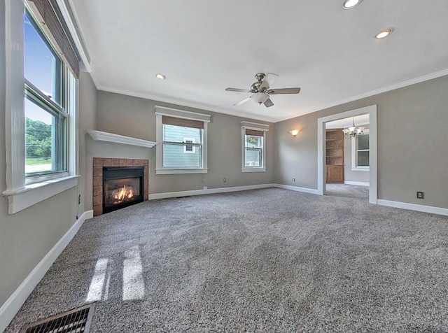 213 W Elm St, Nicholasville, KY 40356 - unfurnished living room with crown molding, baseboards, a fireplace, carpet, and recessed lighting