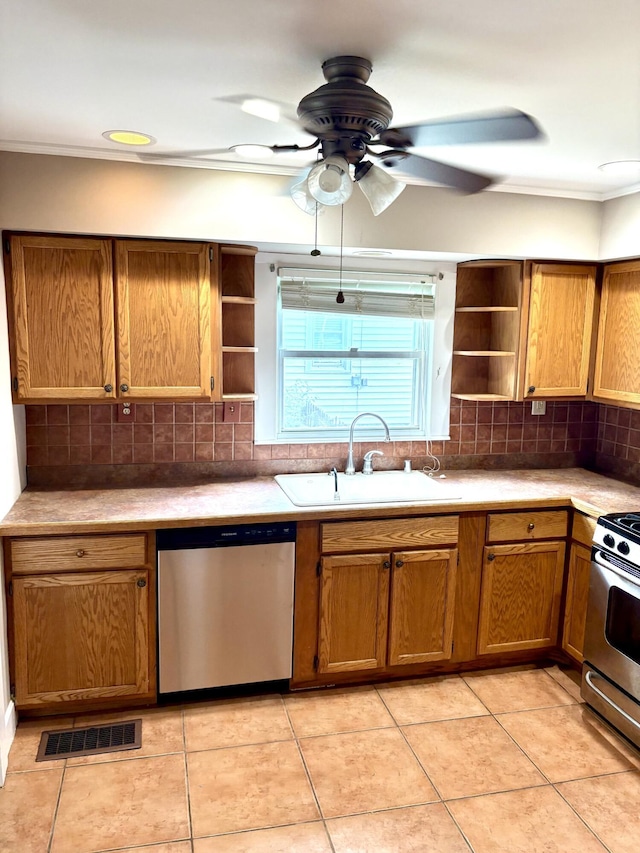 213 W Elm St, Nicholasville, KY 40356 - kitchen with appliances with stainless steel finishes, open shelves, a sink, backsplash, and ornamental molding